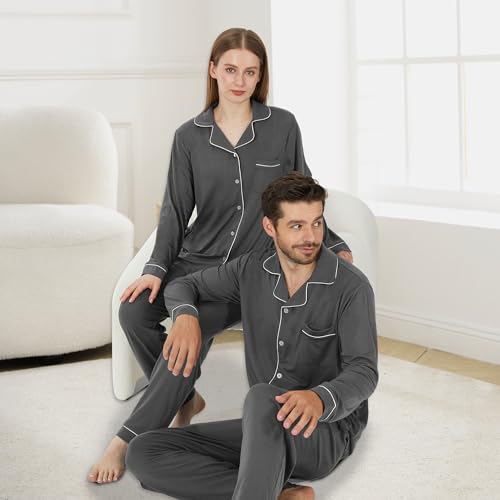 Matching Pajamas for Couples, Button Up Pjs Set for Men and Women Soft Warm Loungewear(Dark Grey Men, X-Large)4