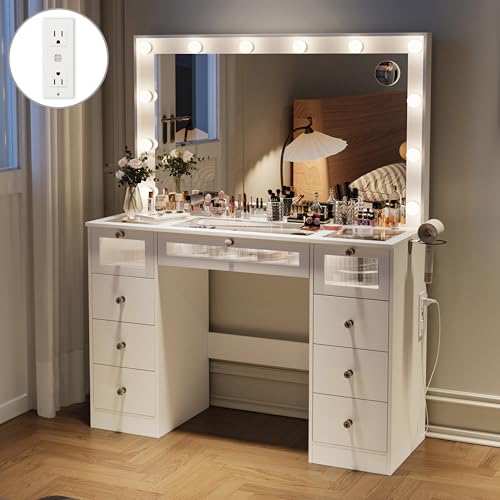 9 Drawers Makeup Vanity Desk with 36.9' Oversized Mirror and Lights, Vanity with Tempered Glass Top, Girls Make up Dressing Table with Power Outlet & 3 LED Lighted Acrylic Drawers Bedroom, White
