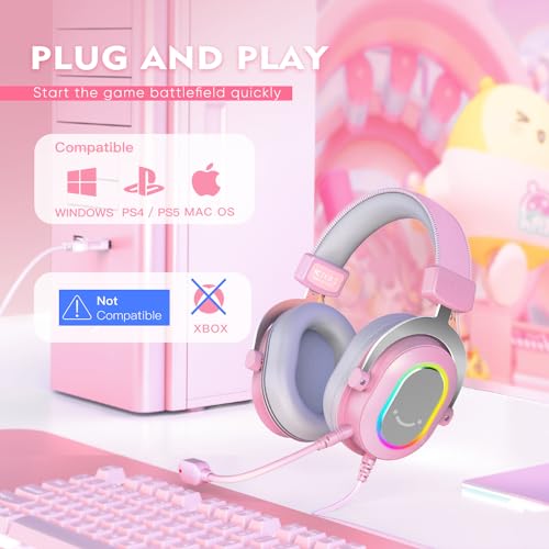Image of FIFINE PC Gaming Headset, USB Wired Headset with Microphone, 7.1 Surround Sound, in-Line Control, Computer RGB Over-Ear Headphones for PS4 /PS5, for Streaming /Game Voice /Video-AmpliGame H6 (Pink)