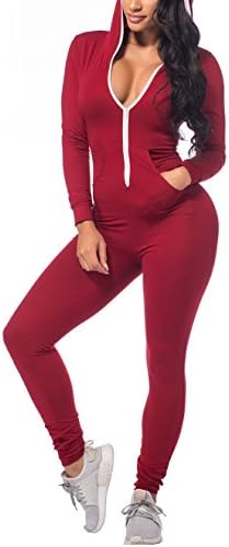 CoolooC Jumpsuits for Women Long Sleeve Bodycon Black Jumpsuits Hoodie Zip Up Sexy Onesies with Pockets Red Jumpsuits and Romper Bodysuits Outfit