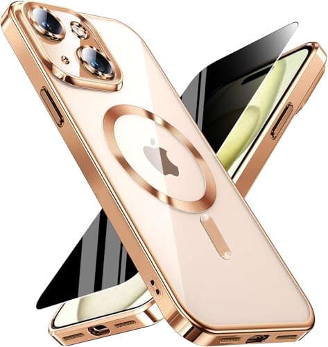 Image of Magnetic for iPhone 15 Plus Case with Privacy Screen Protector & Full Camera Cover,Compatible with MagSafe,[Non-Yellowing]Plating Soft Shockproof Clear Phone Case Women Girls for iPhone 15Plus,Gold
