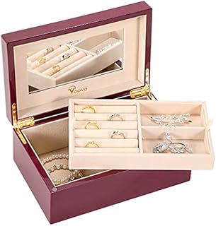 Voova Wooden Jewellery Box Organiser for Women Girls, Deluxe Piano Paint Jewelry Storage Case with Mirror, jewlerrying Display Holder with Removable Tray for Necklace Earring Rings, Purple