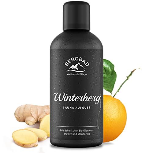 BERGBAD BIO-Saunaaufguss Ingwer & Mandarine 100ml, WINTERBERG wohltuendes & erfrischendes Sauna-Aufgussmittel mit Bio-Alkohol, Wasser und 100% naturreinen ätherischen BIO Ölen