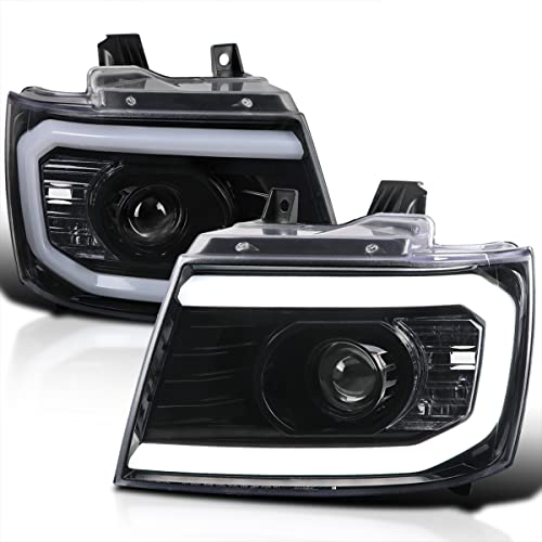 Spec-D Tuning LED Strip Jet Black Projector Headlights Compatible with 2007-2014 Chevy Avalanche, Tahoe, Suburban 1500 2500 Left + Right Pair Headlamps Assembly