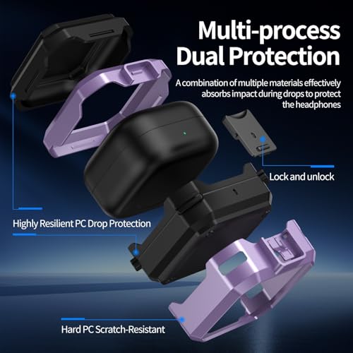 Image of Hybrid Lock Armor Case Cover for Samsung Galaxy Buds 4 and 4 Pro, Rugged, Shockproof with Heavy Duty Carabiner (Purple, Armor with Lock)