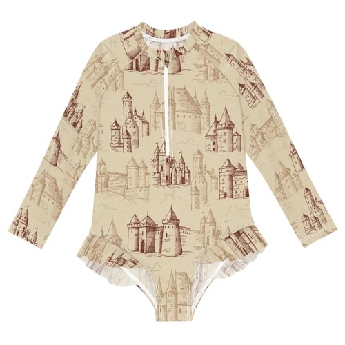 Ollabaky Baby Girls Long Sleeve Swimsuit Castles Pattern One Piece Bathing Suit Rash Guard UPF50+ Toddler Girl Swimwear, 5-6T Multi