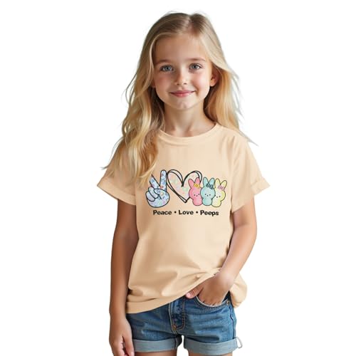 Image of SOFEON Kids Girls Easter Shirt Bunny Peace Love Peeps T-Shirt Cute Funny Rabbit Graphic Tees Short Sleeve Casual Tops