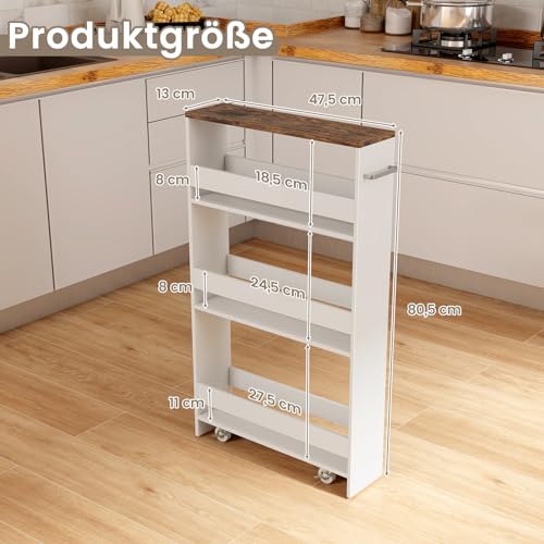 COSTWAY Wózek wnękowy o szerokości 13 cm, 4 poziomy, wózek kuchenny, wąski, regał wnękowy na kółkach, wózek do serwowania z uchwytem i poręczami, regał łazienkowy, do kuchni, łazienki, 47,5 x 13 x