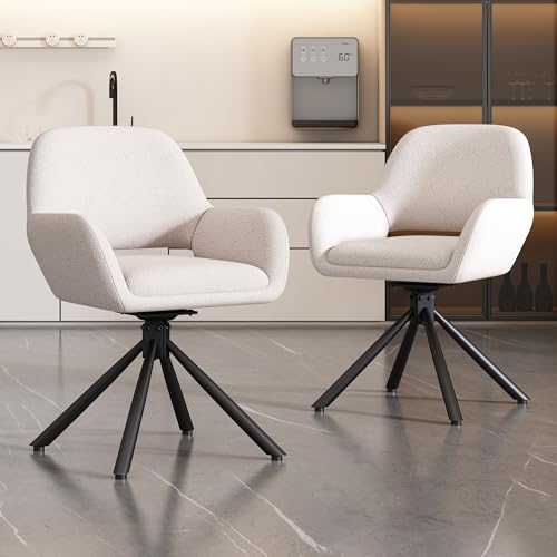 Goldicoo Juego de 2 sillas de comedor giratorias de tela sherpa blanca con reposabrazos, modernas, 150 kg de carga