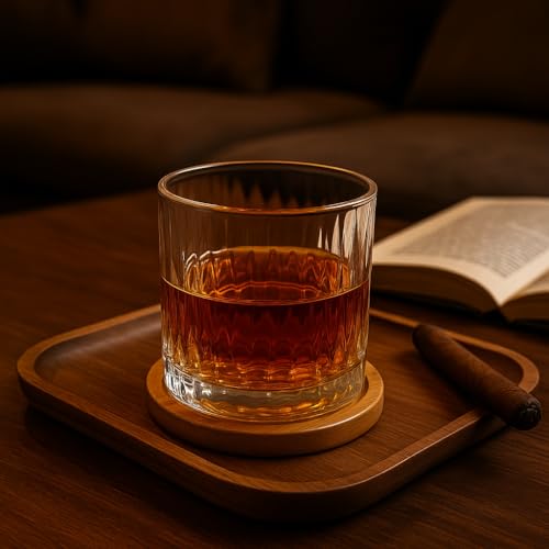 JRose Collections Vaso giratorio de alta calidad con tapa de madera, vaso de whisky de corte de cristal de 300 ml para licores, agua, cócteles, base gruesa, elegante vidrio texturizado, regalo para
