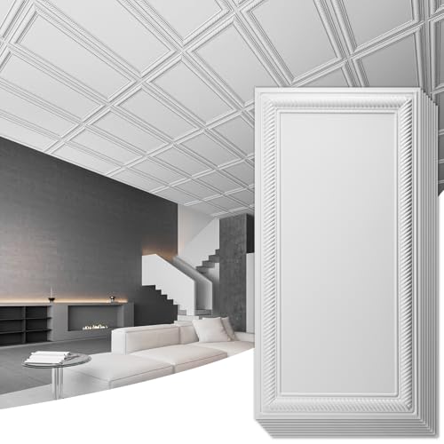Art3d Drop Ceiling Tiles 24x48, Decorative PVC Ceiling Panels, Waterproof Rustproof and Durable 12-Pack, Glue Down, Rectangular White