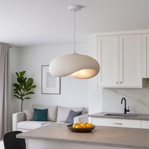 BARCELONA LED Lámpara Colgante Wabi Sabi Blanca 40cm Techo Moderna Japonesa Estilo Industrial y Clásico, Diseño Grande Imitación Piedra Cemento para Salón Comedor Cocina E27 - imagen 4