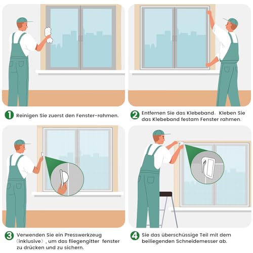 Fliegengitter Fenster ohne Bohren,150x180cm,Verdicktes Netz nicht leicht zu reißen,Insektenschutz Fenster mit Klettband+Zuschneider+Presshilfe, 2 Stück, Weiß