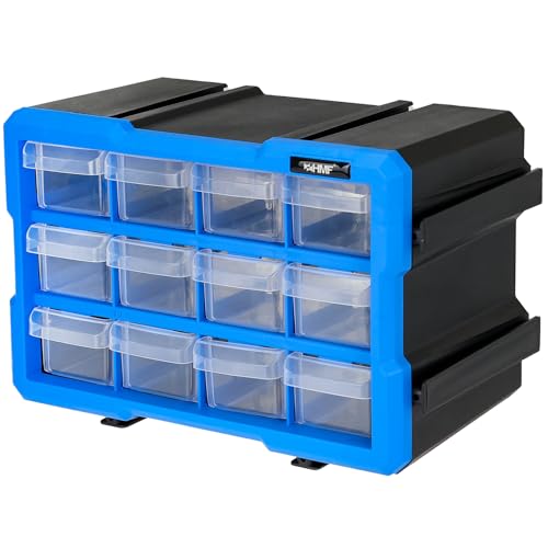 HMF Boîte de rangement pour petites pièces avec 12 tiroirs, mallette de rangement extensible pour vis et outils | 24 compartiments | 29,5 x 19,5 x 16 cm |...