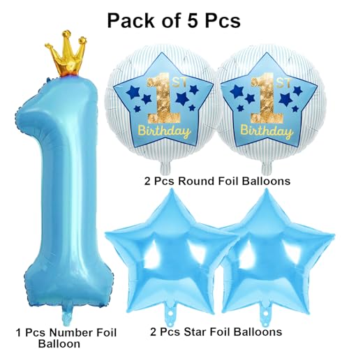 Image of 1st Birthday Foil Balloon Set Blue Number 1 Crown Balloon with Star and Round 1st Birthday Balloons for Baby Boy First Birthday Party Decoration - Pack of 5