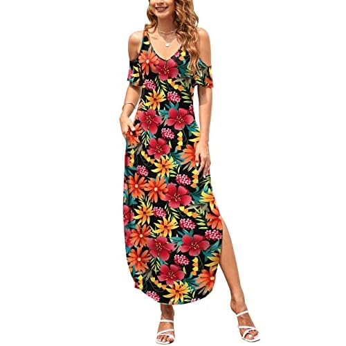 HUSKARY Women's Summer Maxi Dresses V Neck Cold Shoulder Short Sleeve Casual Loose Long Split Dress with Pocket Medium Flower07