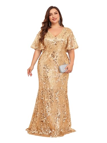 Image of Plus Size Glamous Short Sleeves Womens Sequin Dress Formal Gowns Evening Glitter Mermaid Prom Dress