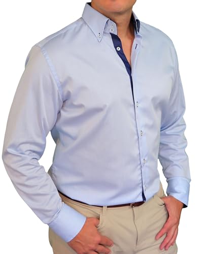 Men's Dress Shirt Blue Firm Collar Wrinkle-Free Premium High-End European Design with Navy Contrast Business Casual Shirts Easy Care 100% Cotton (US, Alpha, Medium, Regular, Regular, Blue)