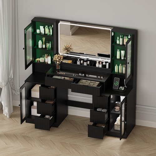 Image of Fluted Makeup Vanity Desk with Mirror and Lights, 55 inch Glass Top Vanity with 8 Drawers & 4 RGB Glass Cabinets, Adjustable Shelves & Power Outlet, Modern Dressing Table Set for Women Girls Bedroom