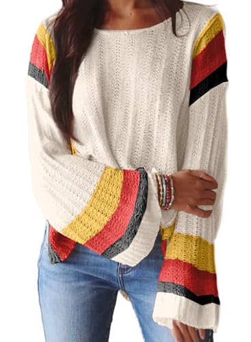 Image of Dokotoo Womens 2026 Spring Summer Casual Crewneck 3 /4 Sleeve Striped Lightweight Knit Trendy Boho Tops Pullover Sweaters