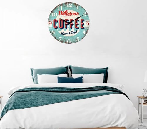 Image of XFM Large Coffee Bar Wall Clock 24 Inch Blue Wooden | Battery Operated Silent Non-Ticking Retro Round Clocks for Living Room Kitchen Cafes Farmhouse