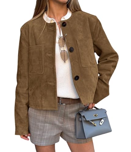 chouyatou Women Fall Fashion Faux Suede Leather Blazer Jacket Business Casual Suede Leather Jacket Suit