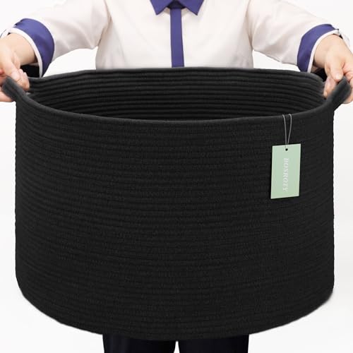 BOSROTY Extra Large Blanket Basket 87L, Laundry Hamper, Baby Nursery Hamper for Storage Toys Clothes Towels, Large Cotton Rope Laundry Basket for Girls Boys, 55 x 35 CM, Black