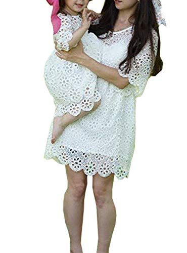 Loalirando - Vestido para madre e hija con encaje de manga corta para niña, color blanco Blanche-fille 110 cm(3-4 años)