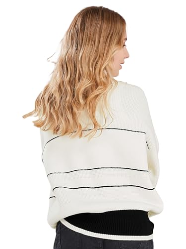 Image of CHARTOU Women's Waffle Knit Knitwear Slouchy Striped Polo Collared Long Sleeve Pullover Sweater Tops