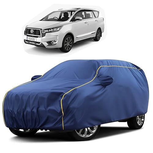 Image of Sulfar 100% Water Resistant Car Body Cover Compatible with Mirror for Toyota Innova Crysta (Triple Stitched, Full Bottom Elastic, Blue Taffeta with Yellow Piping)