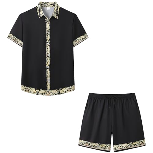 Men's 2-Piece Satin Short Set, Hawaiian Style Shirt and Shorts with Gold Trim, Black4