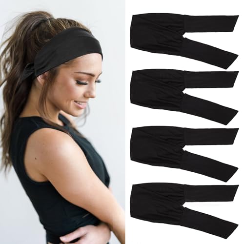 Image of 4 Pieces Knotted Adjustable Headbands for Women Black Headbands Elastic Non-Slip Fashion Hair Bands for Workout Sports Running Yoga