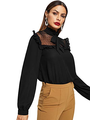 Floerns Women's Long Sleeve Bow Tie Mesh Chiffon Blouse Top Black M