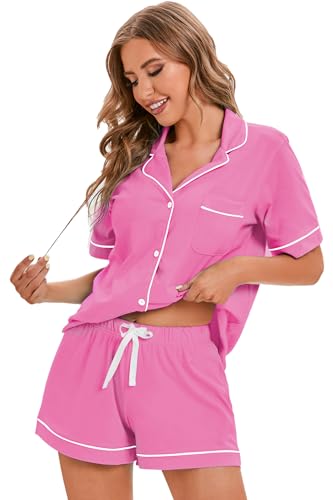 Image of LUBOT 100% Cotton Pajamas for Women 2 Piece PJ Set Button-Down Soft Knit Short Sleeve Summer Sleepwear Loungewear XS-XXL