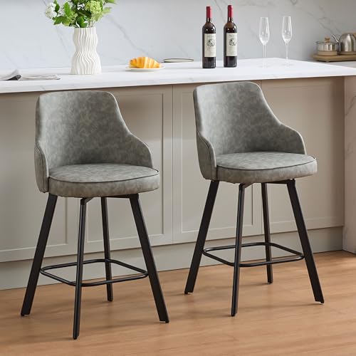 Image of Counter Height Bar Stools Set of 2 with Back, Faux Leather Swivel Bar Chair