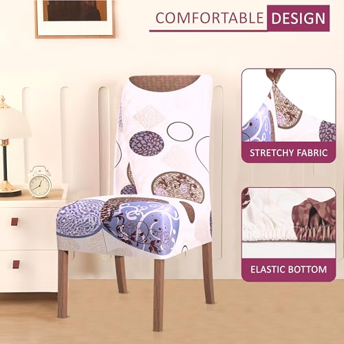 Image of Kuber Industries 8 Pcs Stretchable Dining Table Chair Cover Machine Washable Chair Protector Seat Slipcover for Kitchen & Living Room | Gola Print - Cream