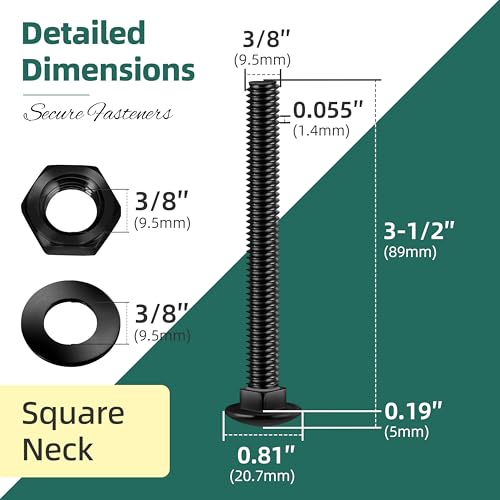 Image of (6 Sets) 3 /8-16 x 3-1 /2 Carriage Bolts with Nuts and Washers, 304 Stainless Steel Round Head Square Neck 3 /8 Carriage Bolts Screws, Full Thread Black Oxided for Outdoor