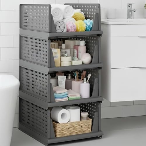 Image of MECHDEL Wardrobe Organizer for Storage /Polypropylene Foldable & Stackable Closet Basket /Cupboard Organizer for Clothes /Mounted Closet Systems (FOLDABLE BASKET-GREY, 4PCS)