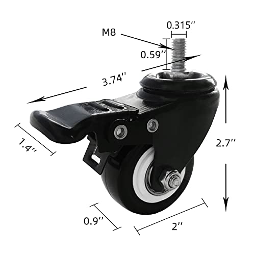 Paquet de 4 2" Roues de bureau robustes en polyuréthane PU Roulettes pivotantes avec 360 Plaque supérieure de degré 220lb Capacité totale pour l'ensemble des 4 (avec freins) M8 by15mm noir