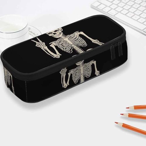 Image of Yekiua Human Skeleton Posing Pen Bag Rock Roll Skull Boho Hippie Large Pencil Case Big Capacity Pencil Pouch Pencil Holder Black