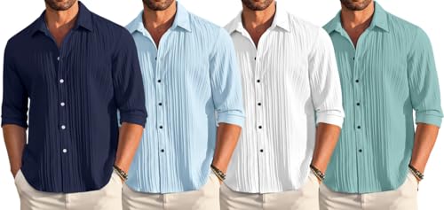 Image of FINIVO FASHION Combo of Men's Casual Cotton Plain Button Down Shirt Long Sleeve Textured Summer Beach Shirt for Men Pack of 4