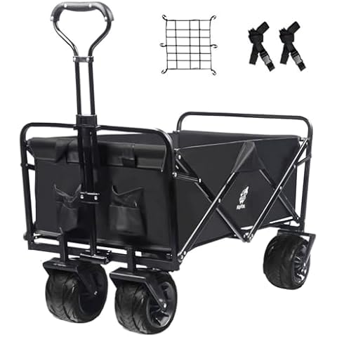 Collapsible Heavy Duty Beach Wagon Cart Outdoor Folding Utility Camping Garden Beach Cart with Universal Wheels Adjustable Handle Shopping (Black)