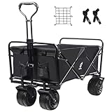 Collapsible Heavy Duty Beach Wagon Cart Outdoor Folding Utility Camping Garden Beach Cart with Universal Wheels Adjustable Handle Shopping (Black)