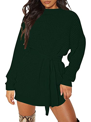 YUOIOYU Women's Long Sleeve Waffle Knit Sweater Dress Tie Wasit Pullover Tunic Sweater DarkGreen YUOIOYU Women's Long Sleeve Waffle Knit Sweater Dress Tie Wasit Pullover Tunic Sweater DarkGreen