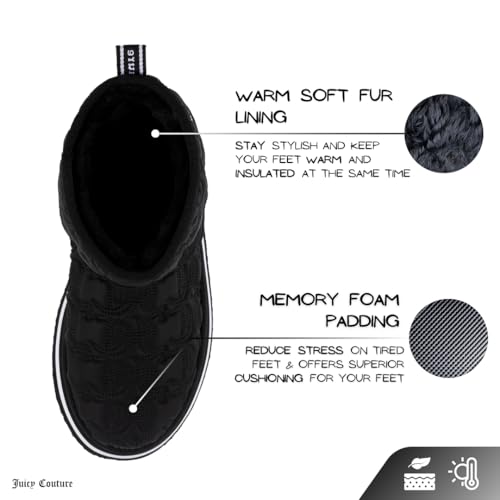 JUICY COUTURE Women's Quilted Slip-On Winter Boots – Waterproof, Warm Mid-Calf Snow Booties with Logo Strap-Kissie3