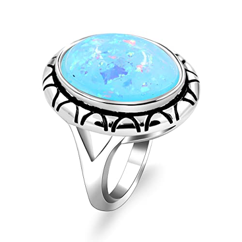 Uloveido Simulated Blue Fire Opal Statement Cocktail Ring for Women and Men with White Gold Plated RA0309