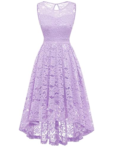 Gardenwed Elegant Wedding Dress for Women Vintage Floral Lace Cocktail Formal Hi-Lo Bridesmaid Swing Dress Sleeveless Lavender-L