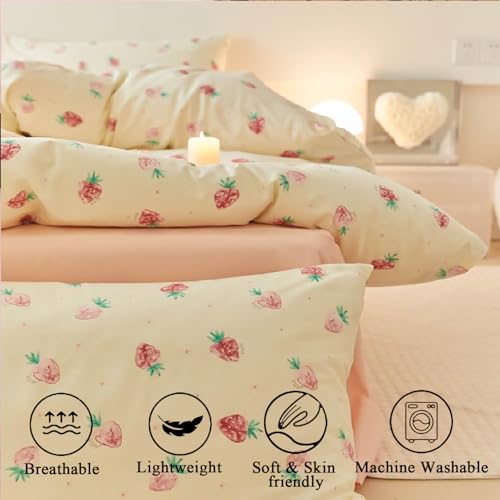 Image of Strawberry Duvet Cover Set Full Size Kawaii Strawberry Printed on Cream White Bedding Set with 2 Pillowcases 3Pcs Kids Cute Fruit Reversible Microfiber Comforter Cover for Girls Women