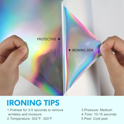 Image of HTVVETUR Holographic Heat Transfer Vinyl 12 Inch x 5ft Metallic Rainbow HTV | Iridescent Laser Heat Press Vinyl, Easy Weed Iron On Vinyl for T Shirts, Canvas Bags, Hats, Pillows DIY Custom Clothing