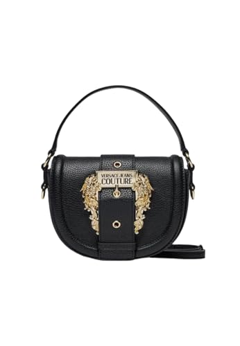 Versace JEANS COUTURE Handtasche, ovales Design, Barockschnalle, Klappenverschluss und abnehmbarer Schultergurt. Innen aus Stoff mit Allover-Logo, Reißverschlusstasche, Metallplatte mit l, Schwarz ,